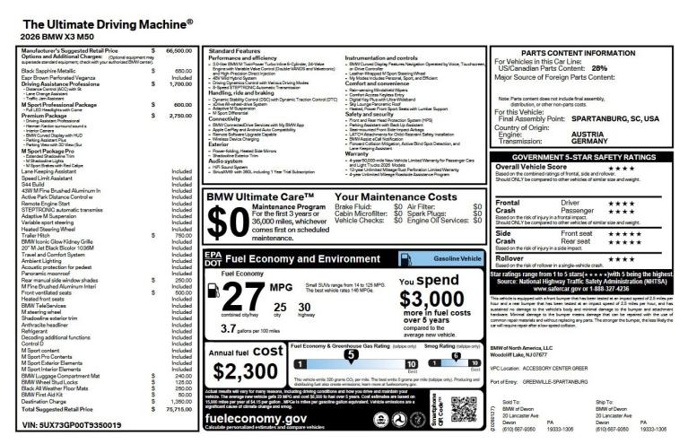 Used 2026 BMW X3 M50 xDrive for sale $66,950 at eurocarscertified.com by Automobili Limited in King of Prussia PA'